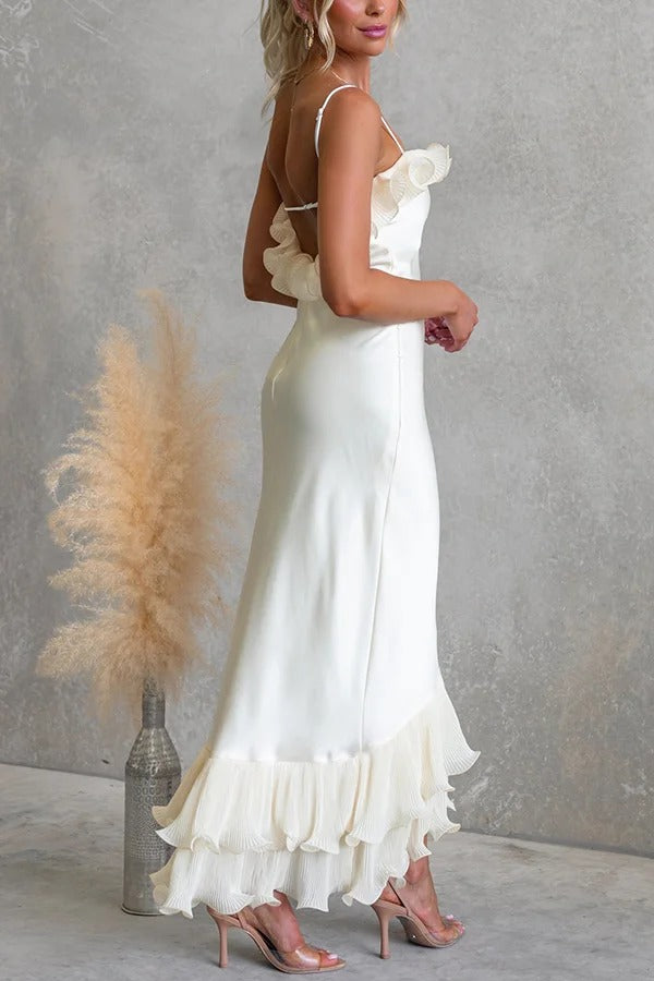 Bella Satin Pleated Chiffon Ruffle Details Slip Maxi Dress