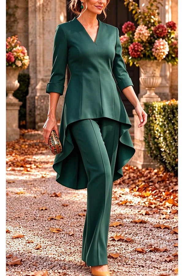 Nikkie V-neck Half Sleeve High Low Hem Top and Elastic Waist Wide Leg Pants Setts Set