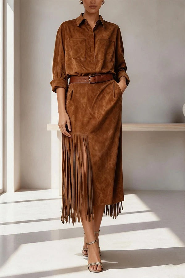 New Faux Suede Long Sleeve Belted Fringed Hem Pocket Shirt Midi Dress