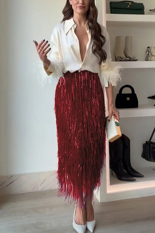 Party Crasher Layered Sequined Tassels High Rise Back Zipper Midi Skirt