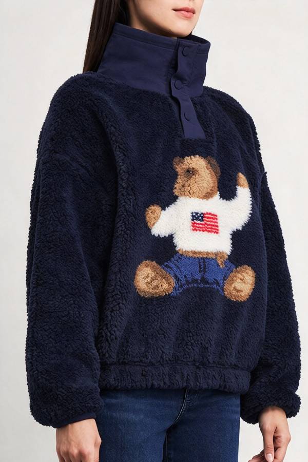 American Retro Polo Bear Pattern Stand Button Neck Long Sleeve Fleece Pullover