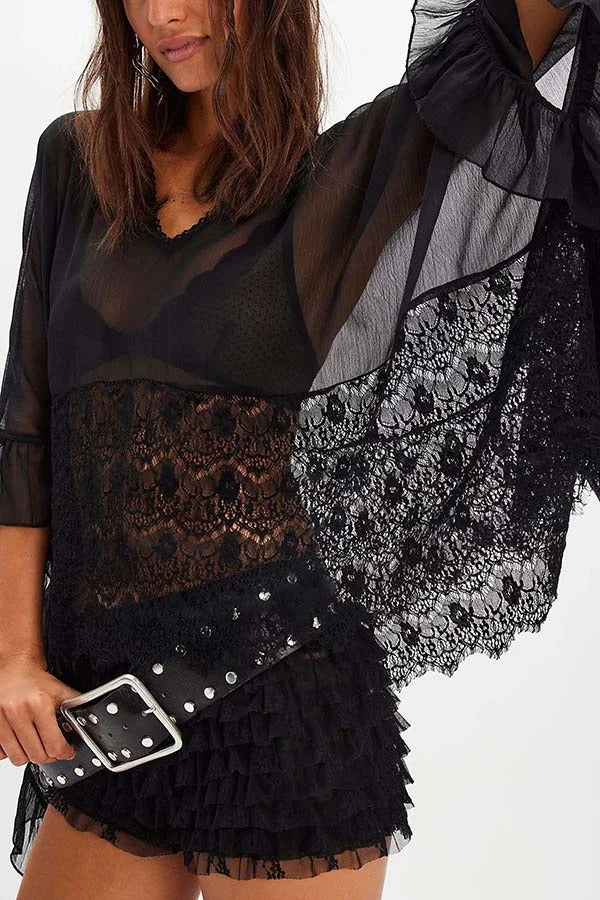Fashionable Patchwork Lace Batwing Sleeve Loose Beach Cover Up
