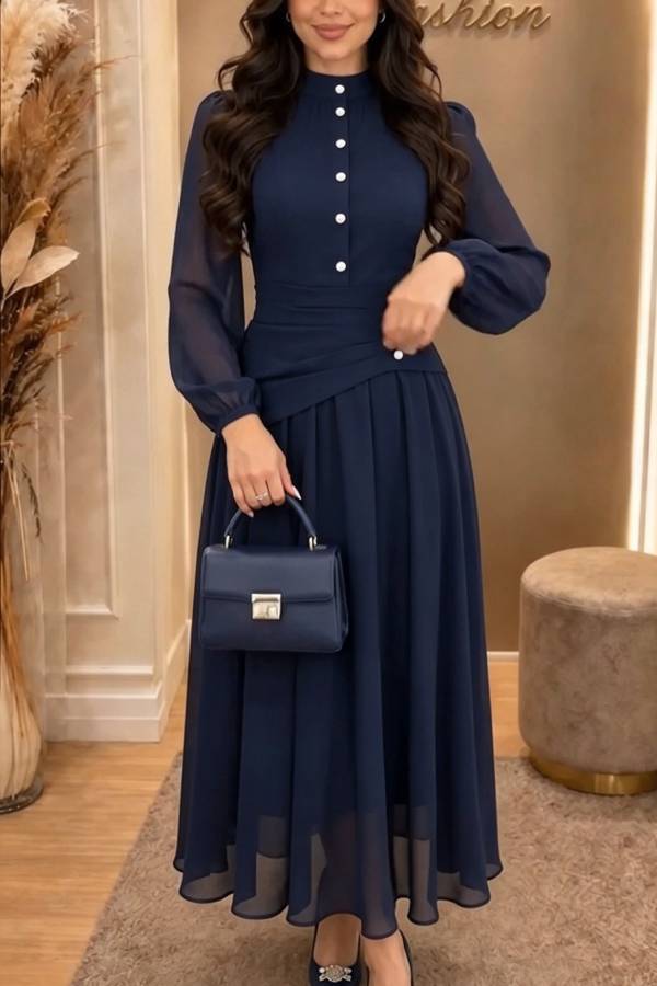 Calista Chiffon High Neck Long Balloon Sleeve Ruched Button Detail Maxi Dress