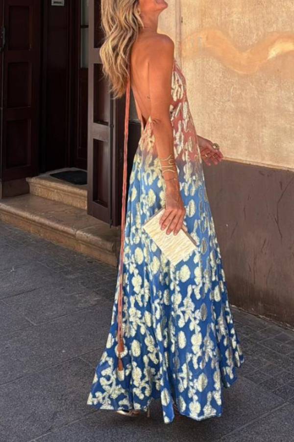 Bianca Tie-dye Ombre Gold Floral Print A-line Halterneck Maxi Dress