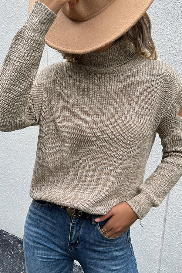 Turtleneck Long Sleeve Solid Color Hollow Off Shoulder Sweater