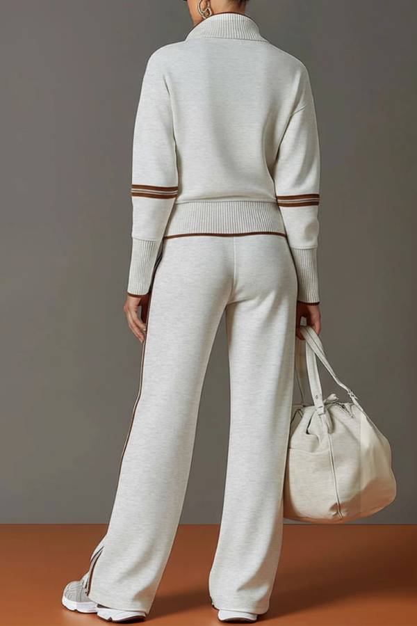 Retro Sporty Webbing Grey-white Half-zip Sweatshirt And Wide-leg Pants Set