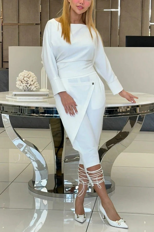 Wide Neck Long Sleeve Fitted Top and Elastic Waist Wrap Pocketed Lace-up Crop Pants Set