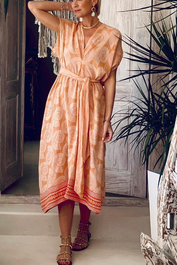 KAFTAN DRESS WITH BELT "KOCHYLI" CORAL