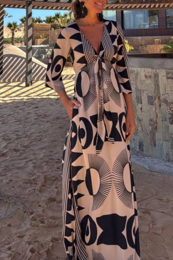 Unique Print V-Neck Tie Loose Pocket Casual Maxi Dress