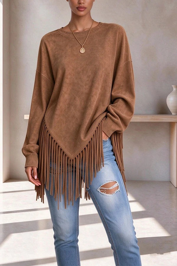 Stylish Casual Faux Suede Crew Neck Long Sleeve Fringed Hem Top