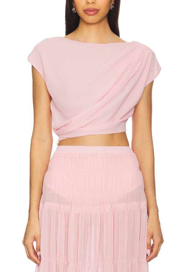 Stunning Chiffon Ruched Shoulder Short Sleeve Crop Top
