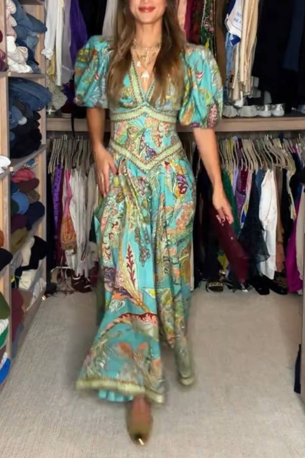 Retro V-neck Puff Sleeve Floral Print Midi Dress