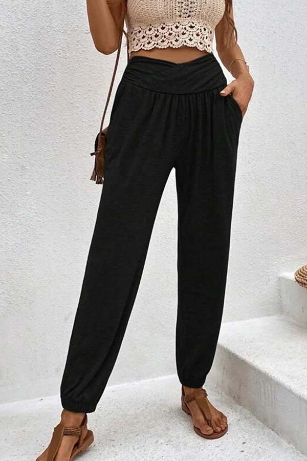 Temperament casual loose pocket high waist trousers