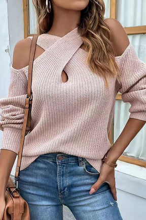 Solid color off-shoulder cross halter neck lantern sleeve sweater