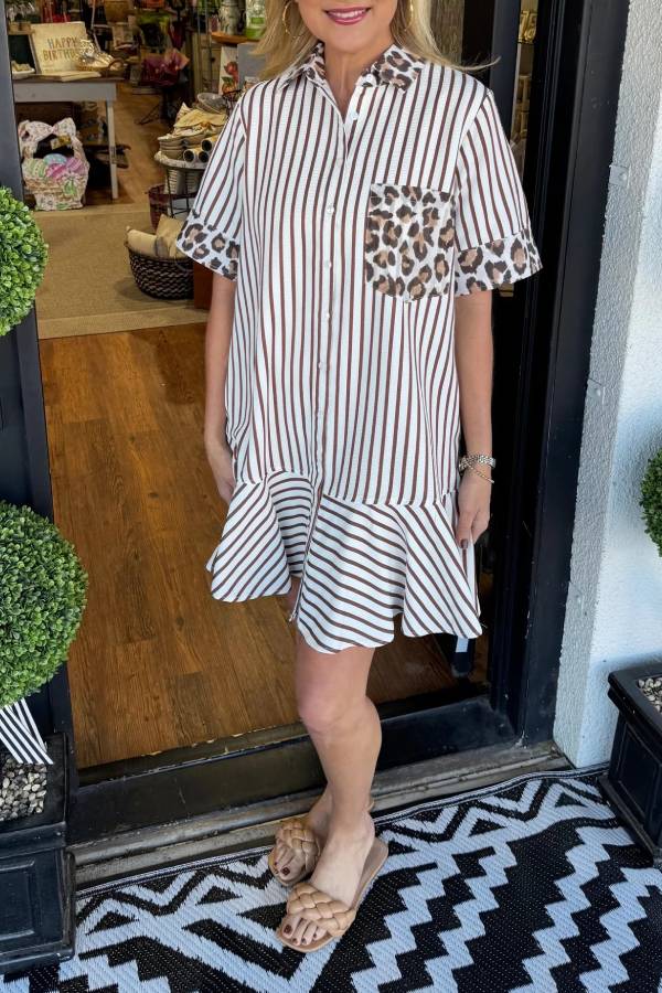 Women's Striped Animal Print Contrast Button Down Dress