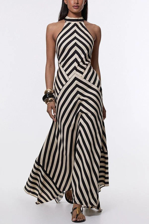Modern Perfection Geometric Stripes Print Open Back Irregular Hem Maxi Dress