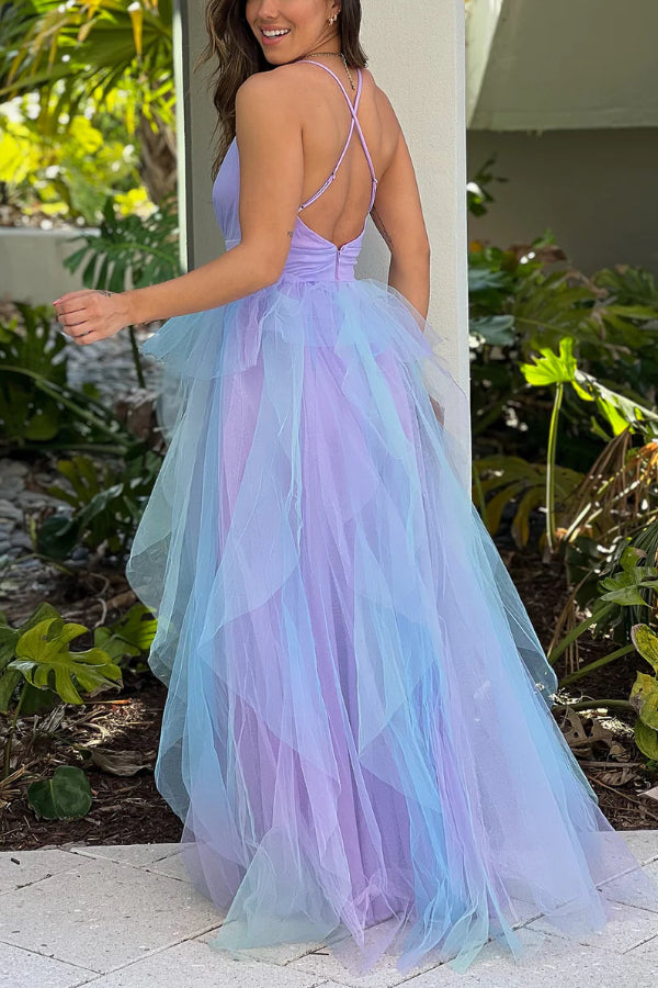 LAVENDER AND BLUE RUFFLED MESH MAXI DRESS