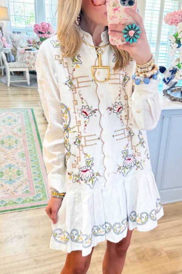 Vintage Floral Embroidered Shirt Mini Dress