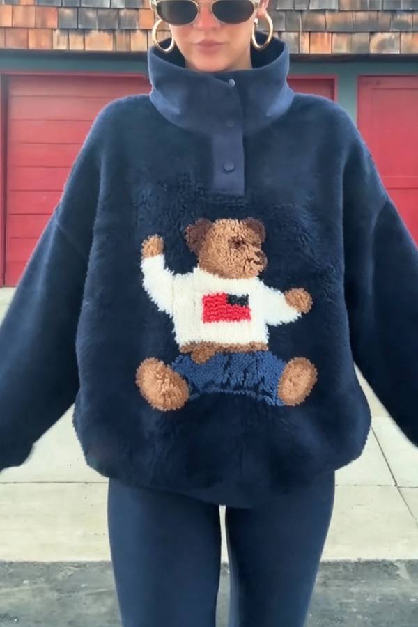 American Retro Polo Bear Pattern Stand Button Neck Long Sleeve Fleece Pullover