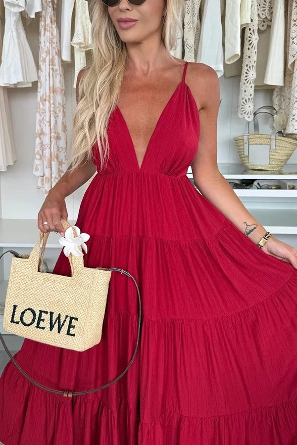 Bohemian Style V-neck Backless Slip Layered Vacation Maxi Dress