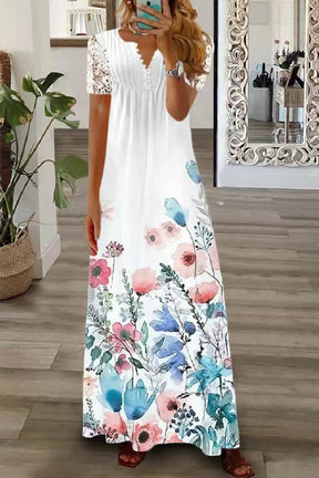 Boho Floral V Neck Button Lace Sleeve Holiday Beach Maxi Dress