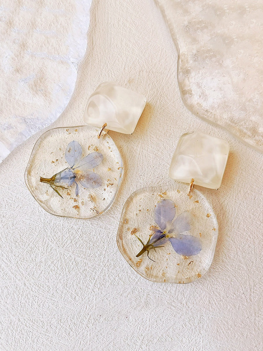 Pressed Flower Earrings - Epoxy Vintage Blue Romantic