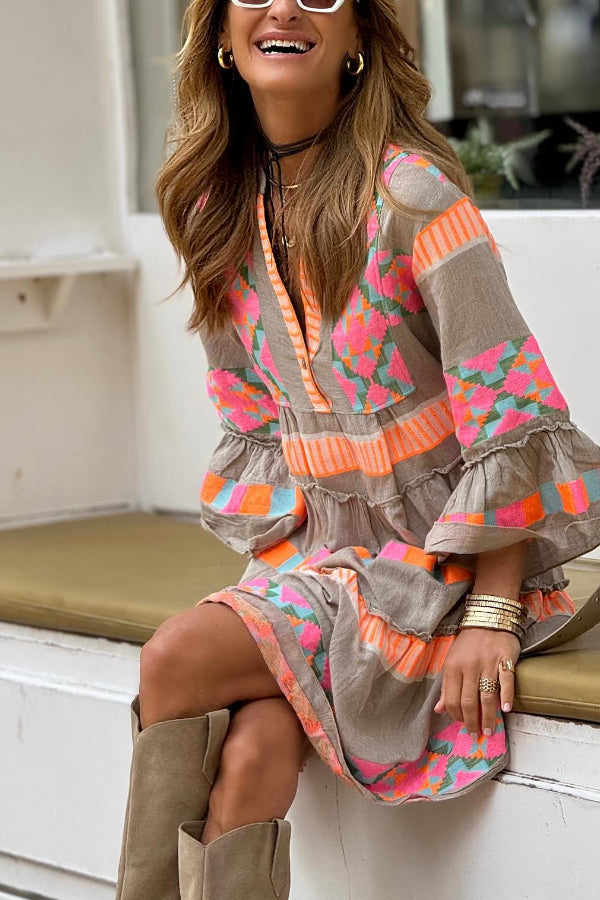 Sorbet Summer Linen Blend Ethnic Print Button Ruffle Patchwork Mini Dress