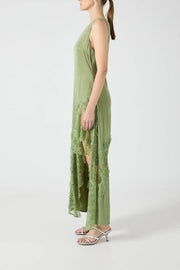 Pretty Soul Satin Lace Trim Wide Neck Irregular Hem Slit Maxi Dress
