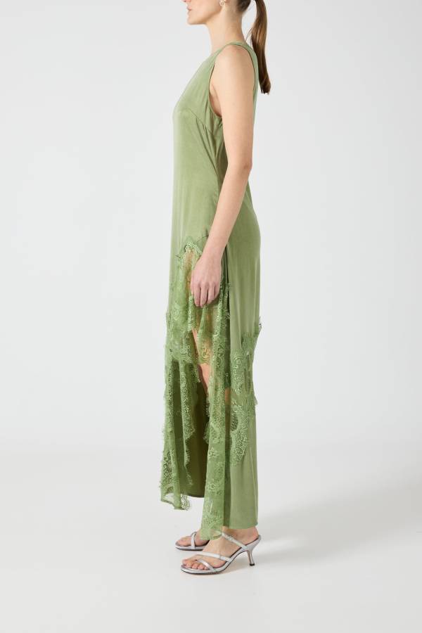 Pretty Soul Satin Lace Trim Wide Neck Irregular Hem Slit Maxi Dress
