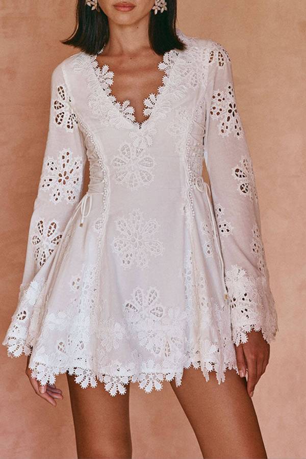 Diaz Embroidery Hollow Fabric Delicate Flower Trim Long Sleeve Side Lace-up Mini Dress