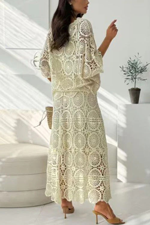 V Neck Half Sleeves Crochet Hollow Out Top