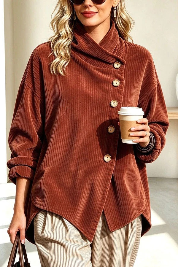 Chic Slanted Button High-Neck Corduroy Outerwear