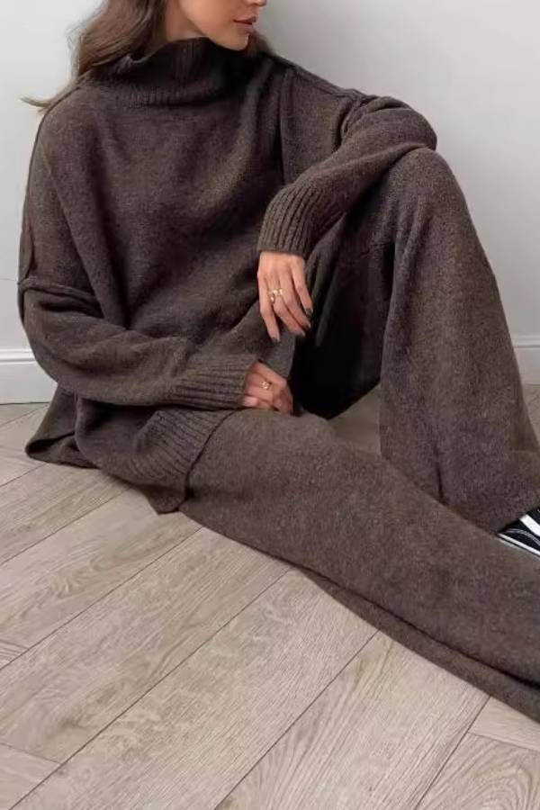 High-neck loose-fitting knit sweater and wide-leg pants two-piece set