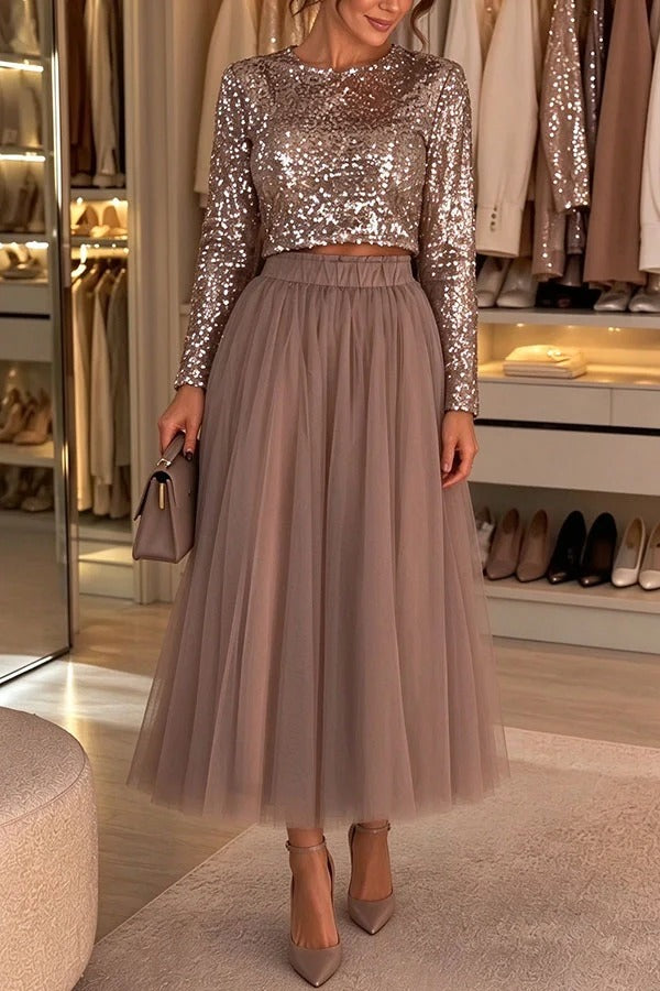 Tina Sequin Back Satin Bow Long Sleeve Crop Top and Mesh Elastic Waist Midi Skirt Set