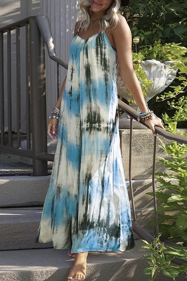 Casual Vacation Print Tie Dye Patchwork V Neck Sling Dress Dresses(7 Colors)