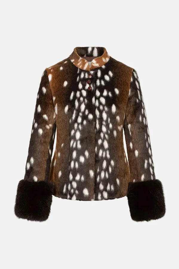 Retro Street Style Faux Fur Animal Print Stand Collar Button Furry Cuffs Jacket