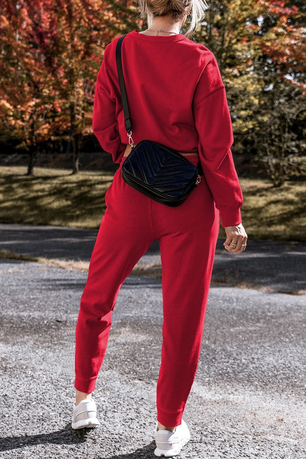 Racing Red Solid Color High Low Pullover and Pants Set