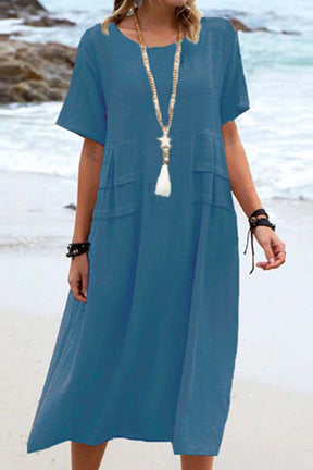Summer loose casual cotton and linen solid color round neck short-sleeved mid-length dress