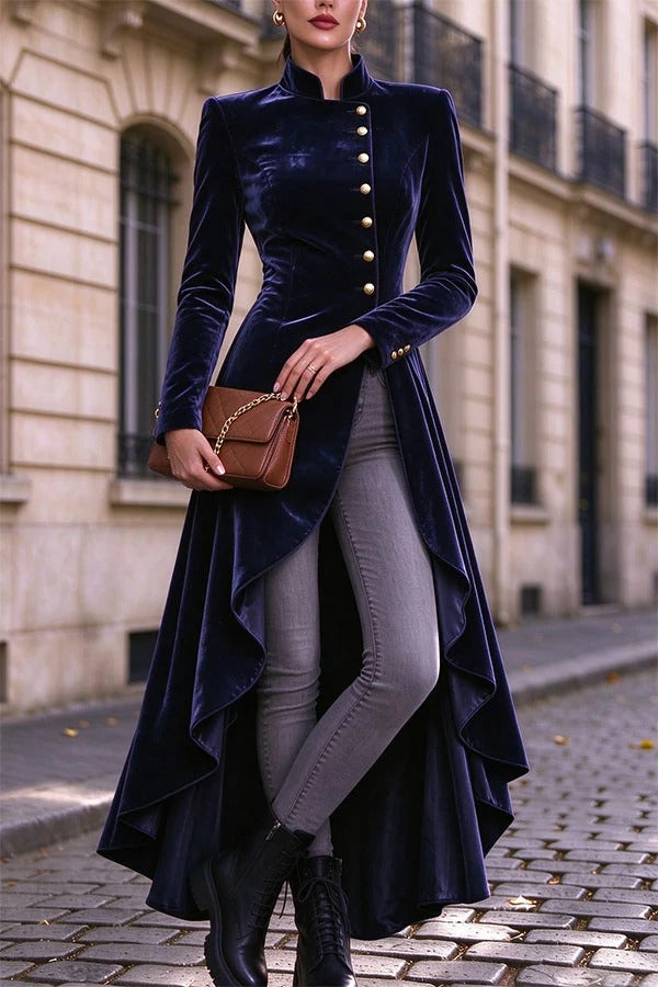 Napoleon Style Velvet Stand Neck Button Long Sleeve High Low Hem Midi Coat