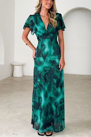 Abstract Print Short Sleeve Belted Wrap Midi Dress