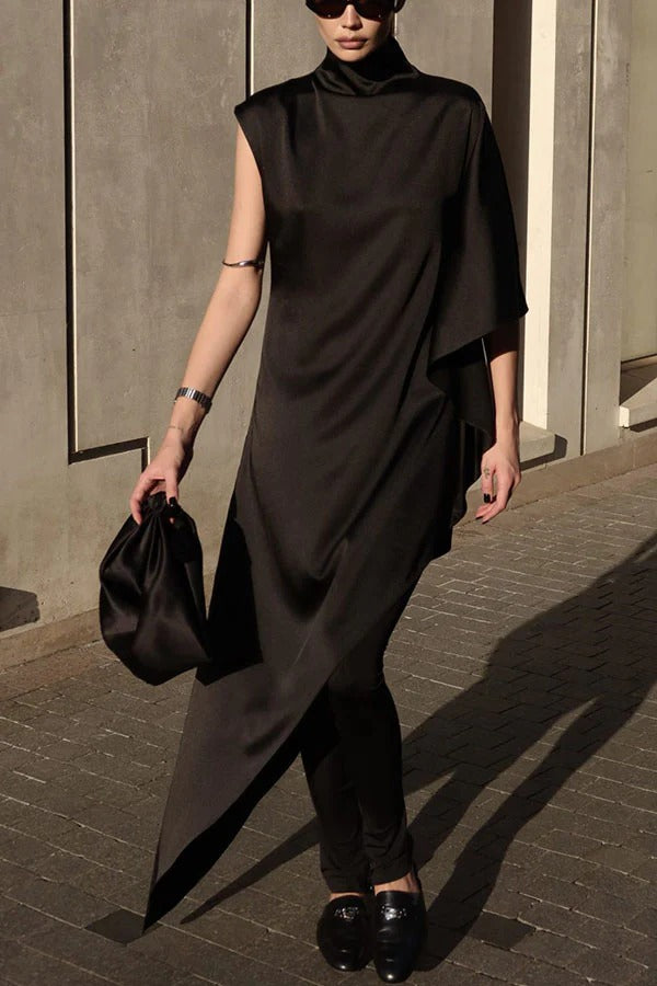 Kallena Satin High Neck Irregular Sleeves Midi Top and High Rise Pocket Loose Pants Set