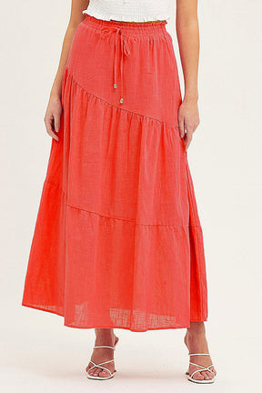Solid color cotton and linen elastic waist pleated skirt