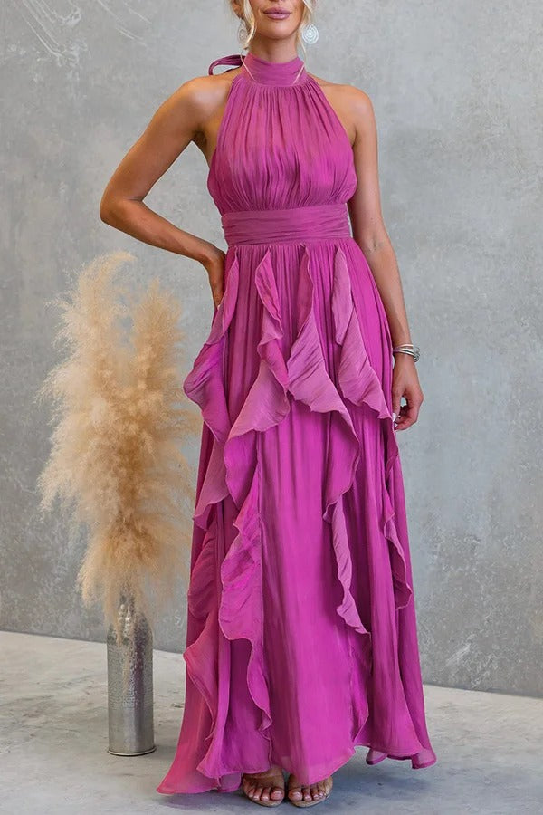 Coral Textured Metallic Chiffon Material High Tie Neck Ruffles Maxi Dress