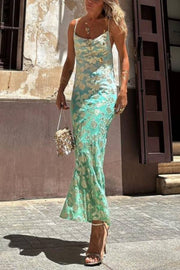 Tie Dye Ombre Gold Floral Print Sexy Strappy Maxi Dress