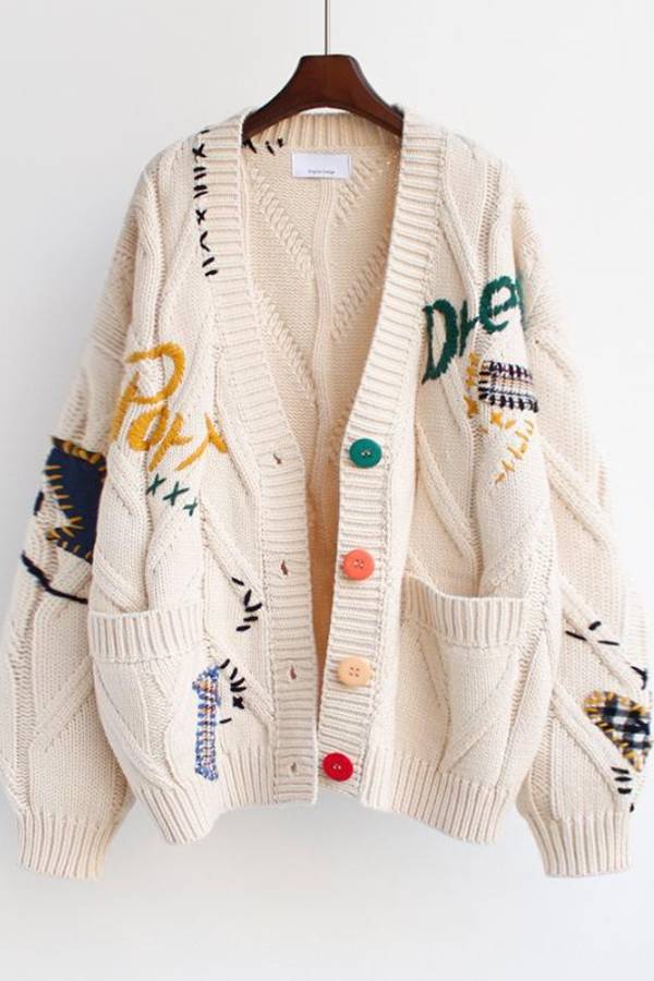 Vintage Embroidered Patchwork Cable‑Knit Cardigan With Color Buttons