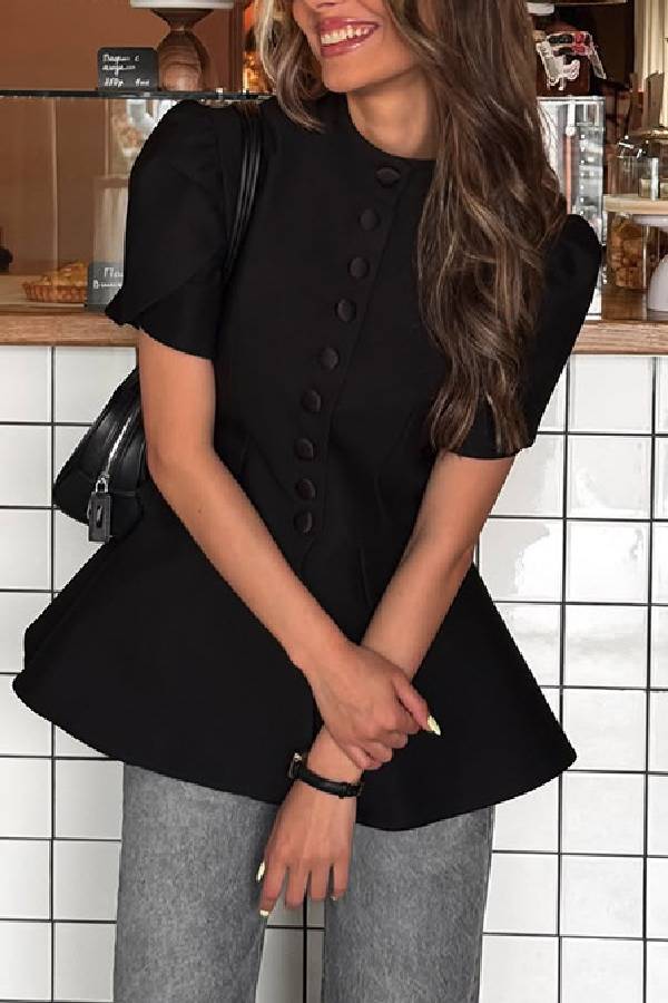 Stand Collar Puff Sleeve Peplum Top