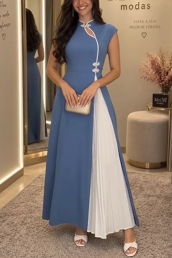 Chic Unique Contrast Color Stand Neck Chinese-style Button Pleated Hem Maxi Dress