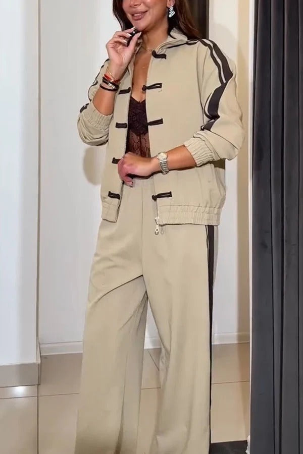 Fashionable Sporty Stripes Long Sleeve Knotted Button Jacket and Elastic Waist Pocket Pants Set