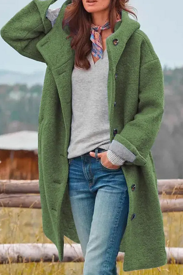 Casual Loose Solid Color Hooded Single-breasted Woolen Coat