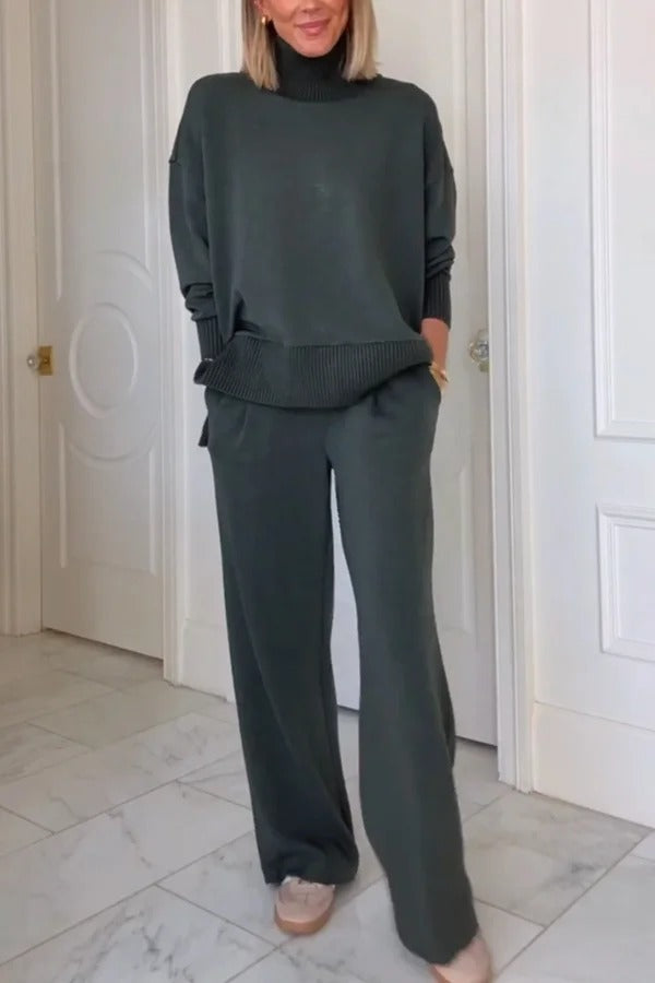 Barker High-Neck Long Sleeve Side Zipper Sweatshirt and Elastic Waist Pocketed Loose Pants Set
